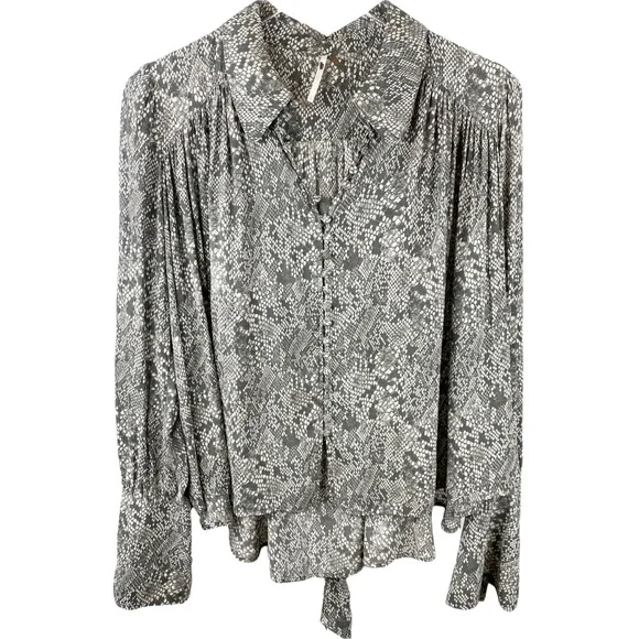 Free People Muse Snakeskin Python Button Front Long Sleeve Top Peasant Small - Picture 5 of 15